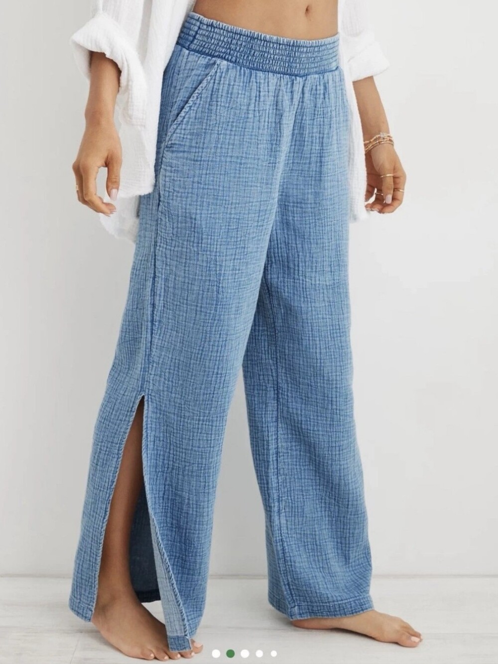 Aerie Gauzy Cotton High-Waisted Wide-Leg Pants in a light denim blue colorway. S